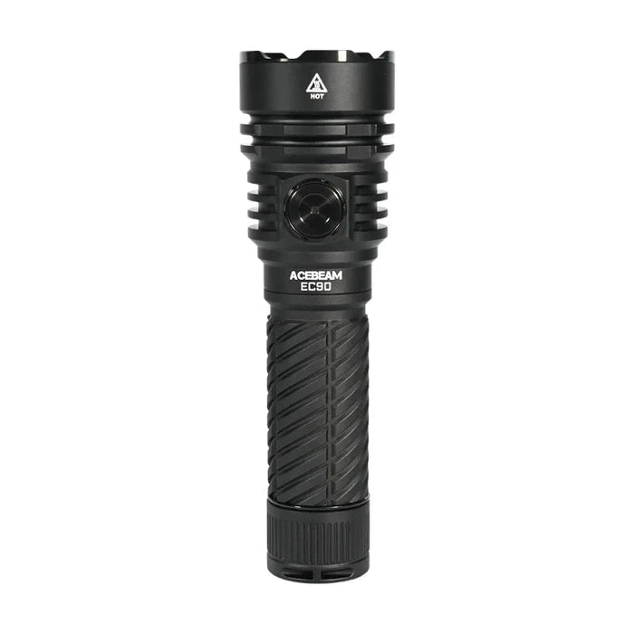 A black Acebeam EC90 EDC flashlight with a textured grip and single front button stands upright on a white background, ready to deliver up to 4300 lumens of powerful illumination.