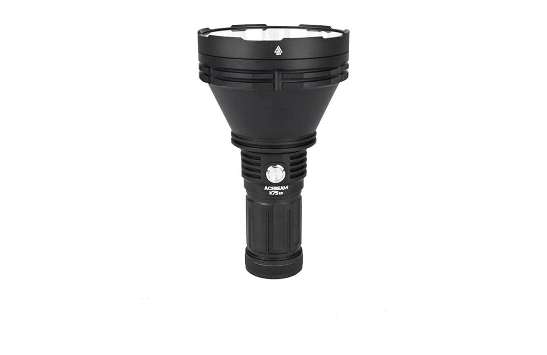 The Acebeam K75 2.0 is a black flashlight featuring LED technology that provides powerful illumination. It stands out against the white background.