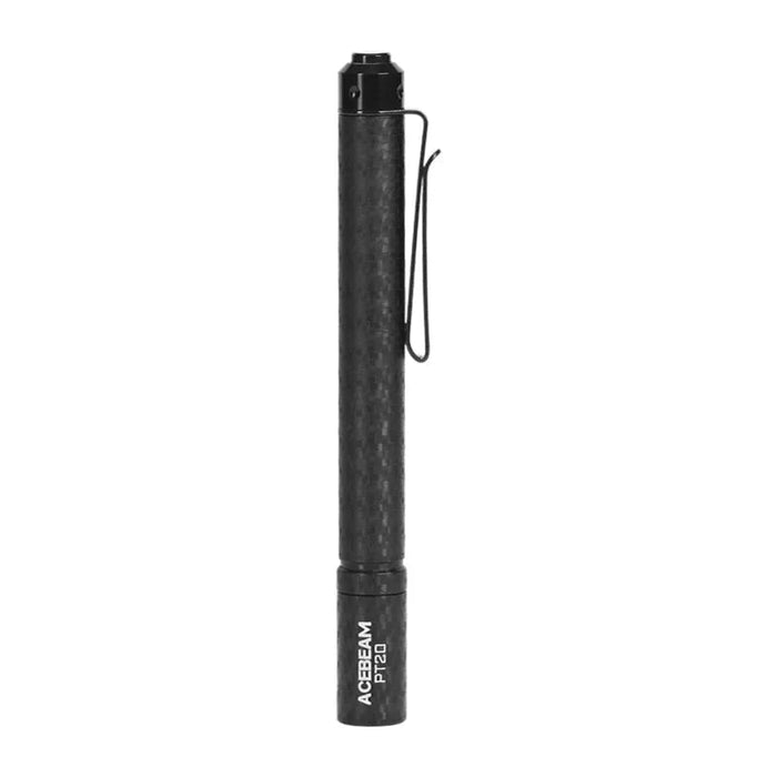 A black pen-shaped flashlight with a clip, labeled "Acebeam PT20," stands vertically against a plain white background.