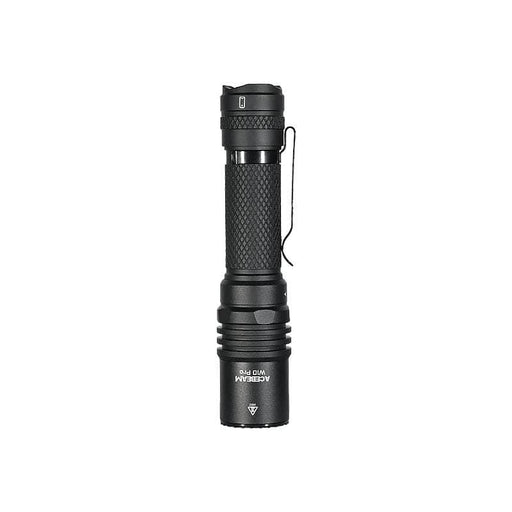 The Acebeam W10 Pro LEP Flashlight is a black, cylindrical handheld light with a textured grip and side clip, designed for ultra-long range illumination, displayed against a plain white background.