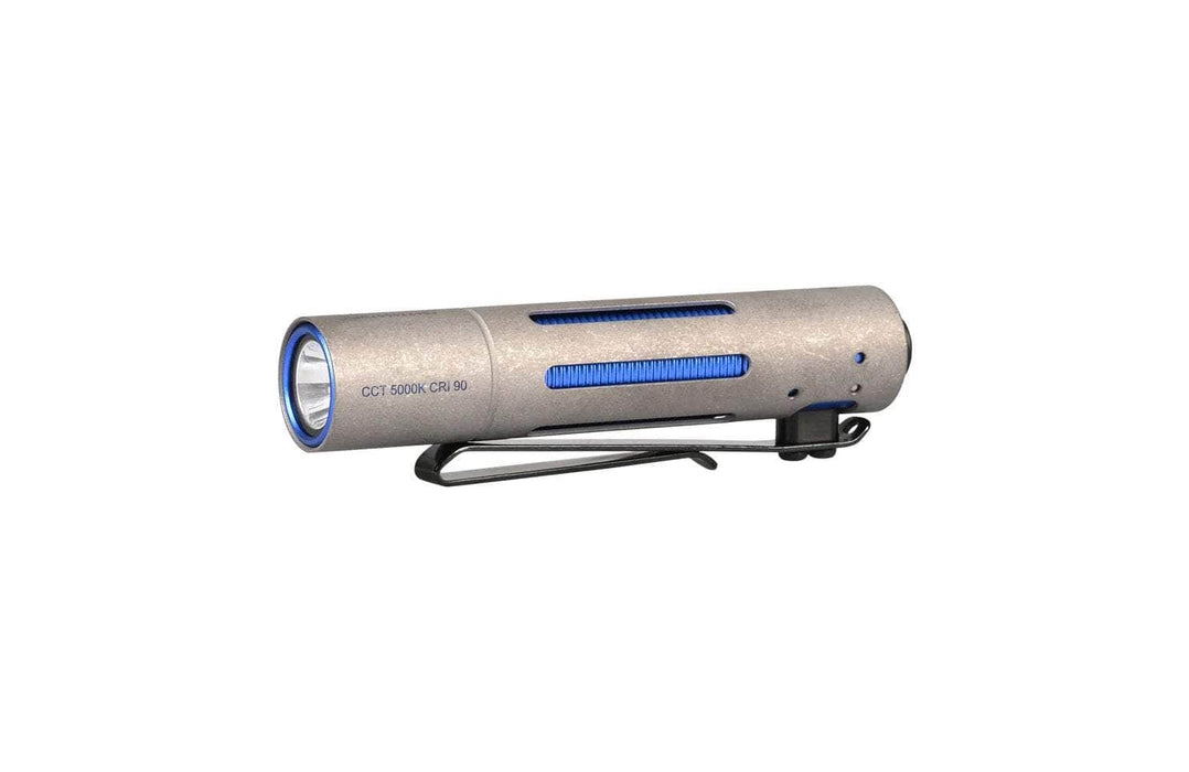 The Acebeam Rider RX 2.0 TI AA Flashlight features a titanium exterior and emits a blue light. It also boasts high CRI90 for superior color rendering.
