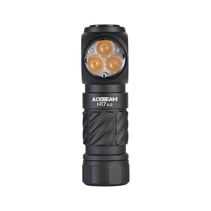 The Acebeam H17 2.0 is a compact black flashlight with three orange-tinted warm white LEDs in a triangular layout, ideal as a high CRI headlamp for clear, natural lighting.