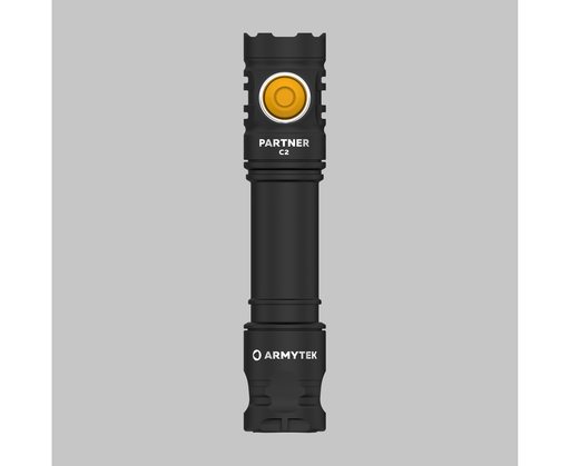 Front view of a black Armytek Partner C2 Magnet USB - Warm flashlight with an orange power button, set against a gray background.