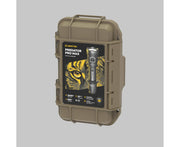 A tan hard plastic carrying case features a label with the Armytek Predator Pro Max military-grade flashlight, a tiger graphic, and product specifications.