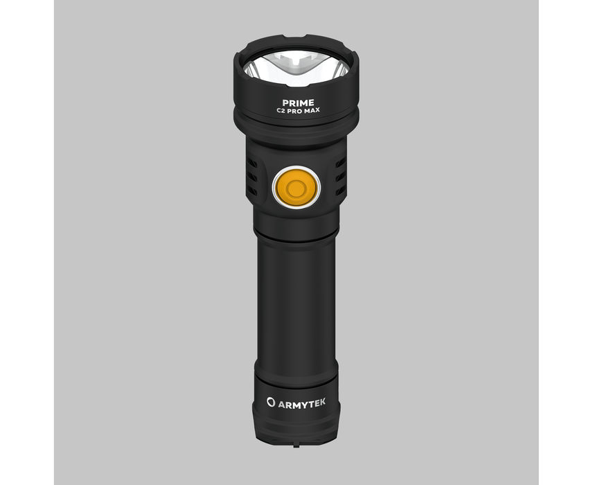 An Armytek Prime C2 Pro Max Magnet USB with a yellow button on it.