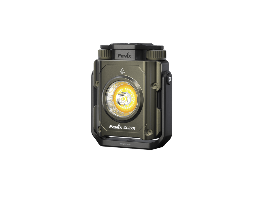 Image of the Fenix CL27R lantern, featuring a rugged design and a 1600-lumen visible yellow light, USB-C rechargeable, shown against a sleek black background.