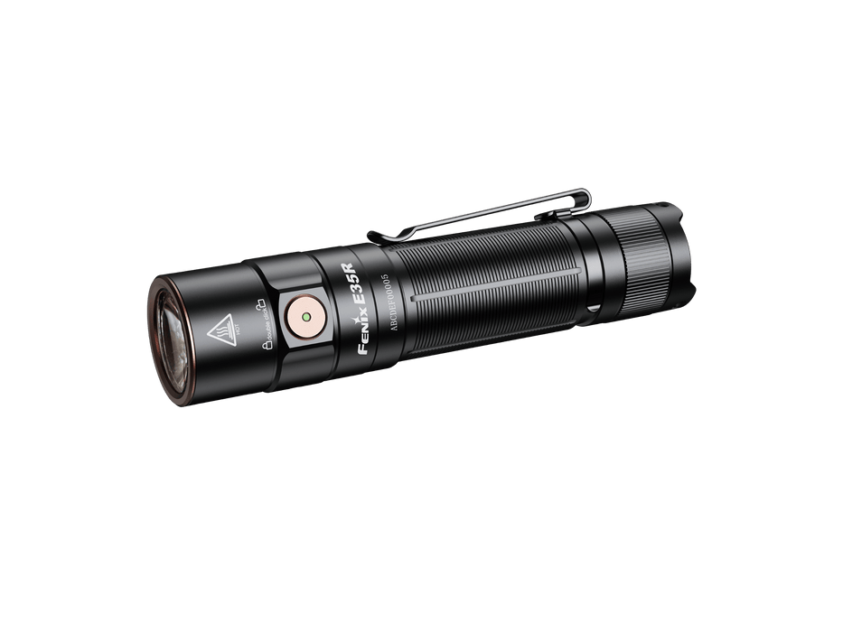 The Fenix E35R, a black high-performance flashlight, is showcased against a dark background. This rechargeable LED flashlight, featuring several buttons and a pocket clip, embodies a compact and portable design perfect for everyday carry.