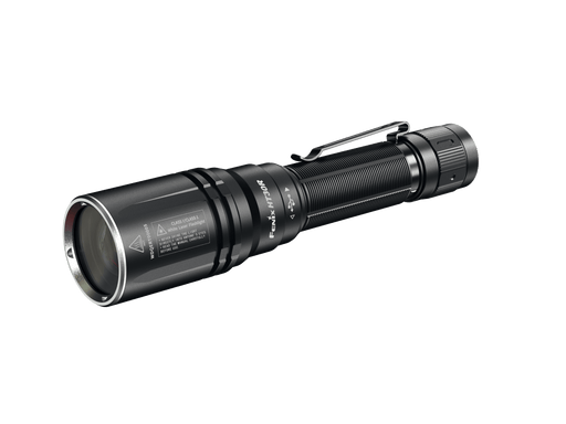 A tactical flashlight in black, crafted with a metal body and equipped with a clip, featuring detailed side labeling and precision distance capabilities similar to the Fenix HT30R.