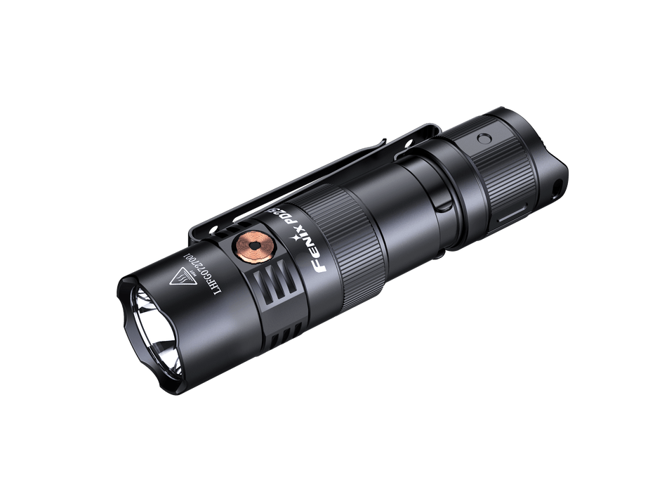 Meet the Fenix PD25R, a black, compact EDC flashlight adorned with visible brand markings and equipped with a belt clip for ultimate convenience. Set against a black background, this rechargeable device utilizes USB Type-C technology for fast and efficient charging.
