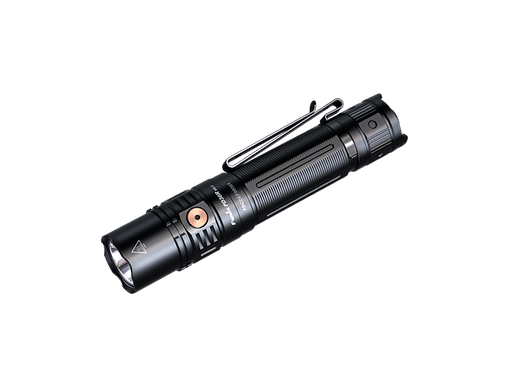 The Fenix PD36R V2 flashlight boasts a sleek black design with a textured grip, offering 1700 lumens of intense illumination and the convenience of USB Type-C charging. Its built-in belt clip allows for effortless access during all your adventures.