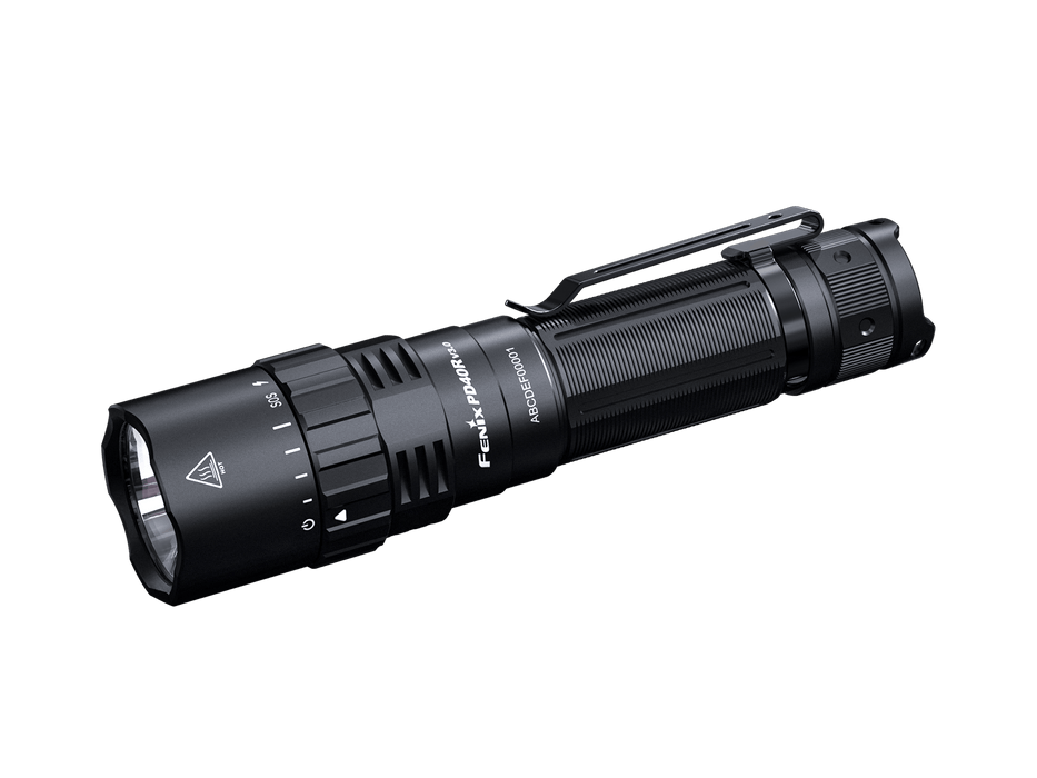 The Fenix PD40R V3.0 is a super bright LED flashlight in a black tactical model, offering 3000 lumens with a metal clip, textured grip, and multiple settings. It features a rechargeable design to ensure it's always ready for action, all displayed against a black background.