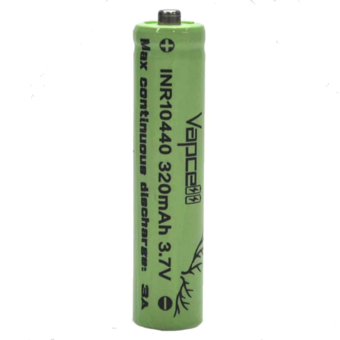 A green Vapcell 10440 3A Button Top 320MAH Battery with black text for 10440 devices featuring a button top.