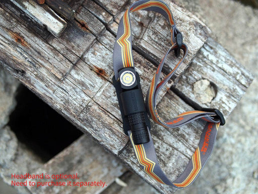 The Manker E02 headlamp, a versatile light accessory featuring the Manker E02 Headband in orange and gray, sits elegantly on a weathered wooden surface. Text in the corner indicates that the headband is optional and must be purchased separately.