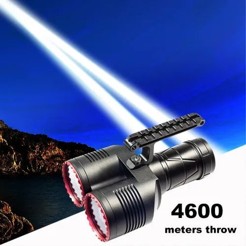 A dual-headed Maxtoch Owleyes W Pro v2.0 (Diamond version) LEP SpotLight is shown projecting beams of light into the sky, with the text "4600 meters throw" displayed on the right side.