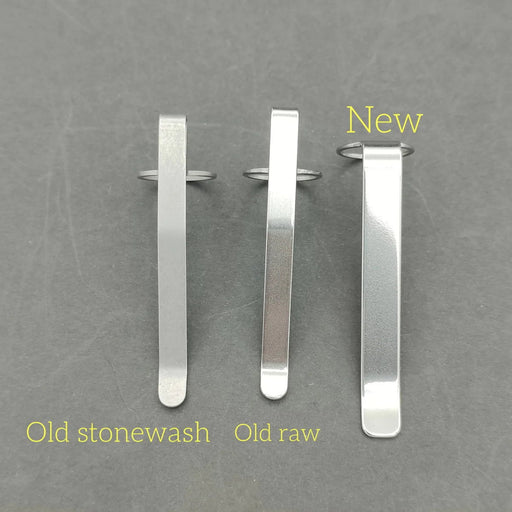 Three ReyLight Pineapple Mini Clips are arranged on a gray background, labeled from left to right as "Old stonewash," "Old raw," and "New.