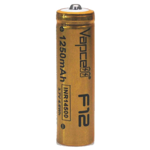A Vapcell F12 1250mAh 14500 3A Flat Top gold battery on a white background.