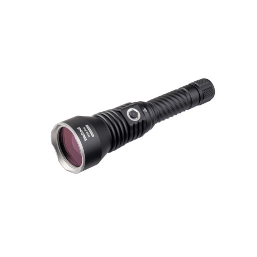 The Weltool W5R Pro LEP is a black handheld throwing flashlight with a textured grip, metal bezel, side button, branded head, and waterproof USB-C charging, shown on a white background.
