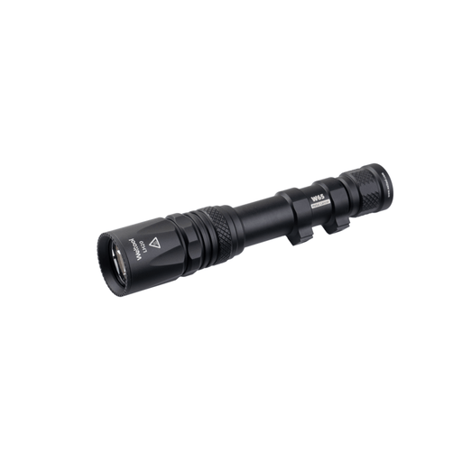 The Weltool W65S is a black long-range flashlight with a textured grip and an end button switch, displayed on a white background.