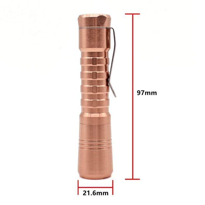 An image of a ReyLight Pineapple Copper flashlight with measurements.