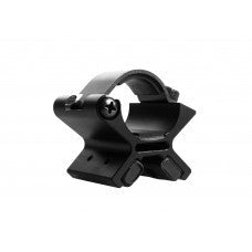 Black metal mounting bracket with a curved top and screw fastener, designed to secure cylindrical objects such as a flashlight or scope to a rail.