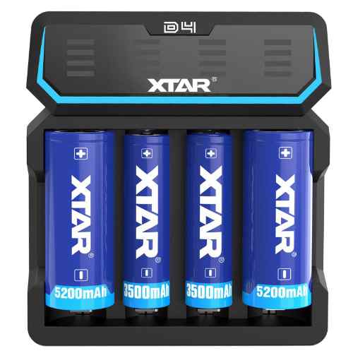 Four XTAR rechargeable batteries in a black XTAR D4 battery charger; three batteries are labeled 5200mAh, and one is labeled 3500mAh.
