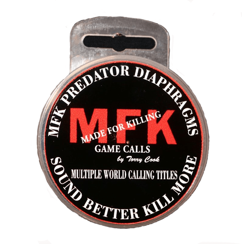 Round product package labeled "MFK Predator Diaphragms," advertising game calls with phrases like "Sound Better Kill More" and "Made for Killing.
