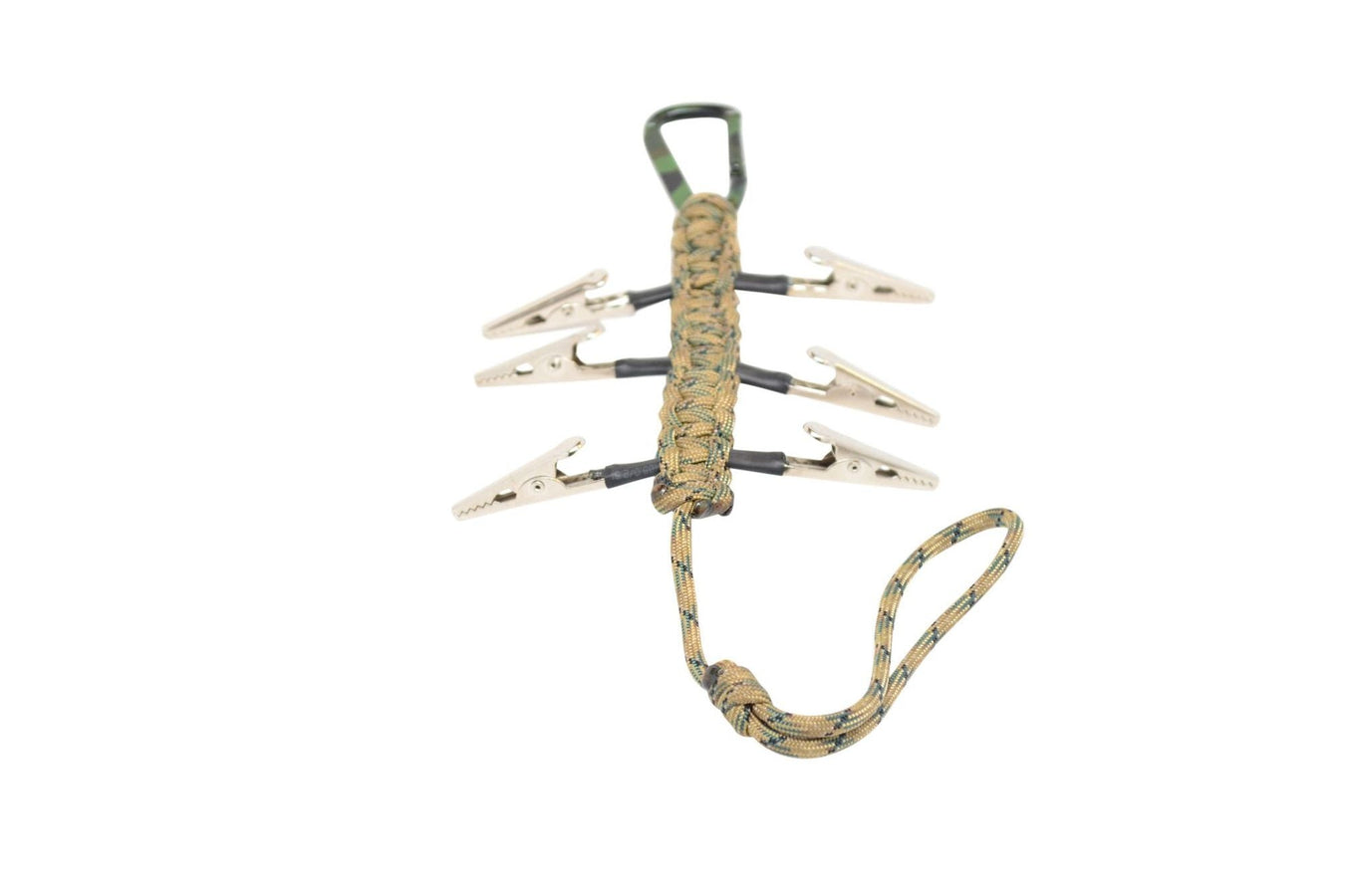 A paracord handle with four metal alligator clips attached, two on each side, and a looped cord at one end, isolated on a white background.