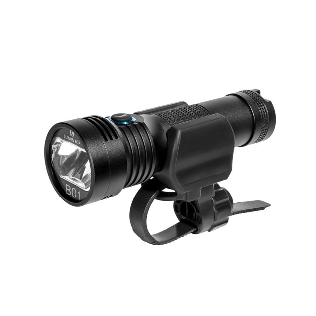 A black LED flashlight labeled "B01" attached to a bike handlebar mount with an adjustable strap.