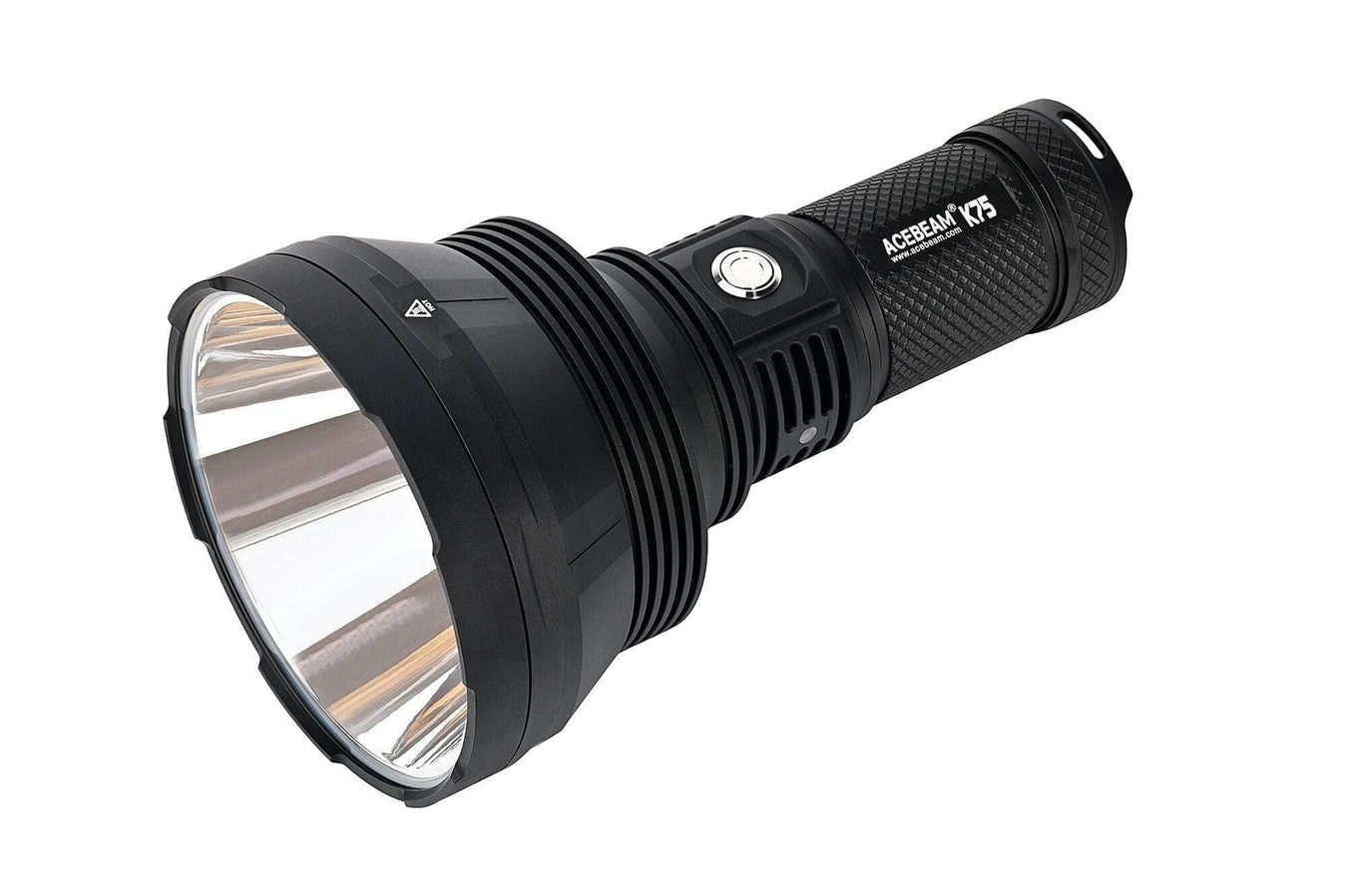 A black handheld flashlight with a wide, reflective lens and a textured grip, featuring the brand name “Acebeam X75” printed on the side.