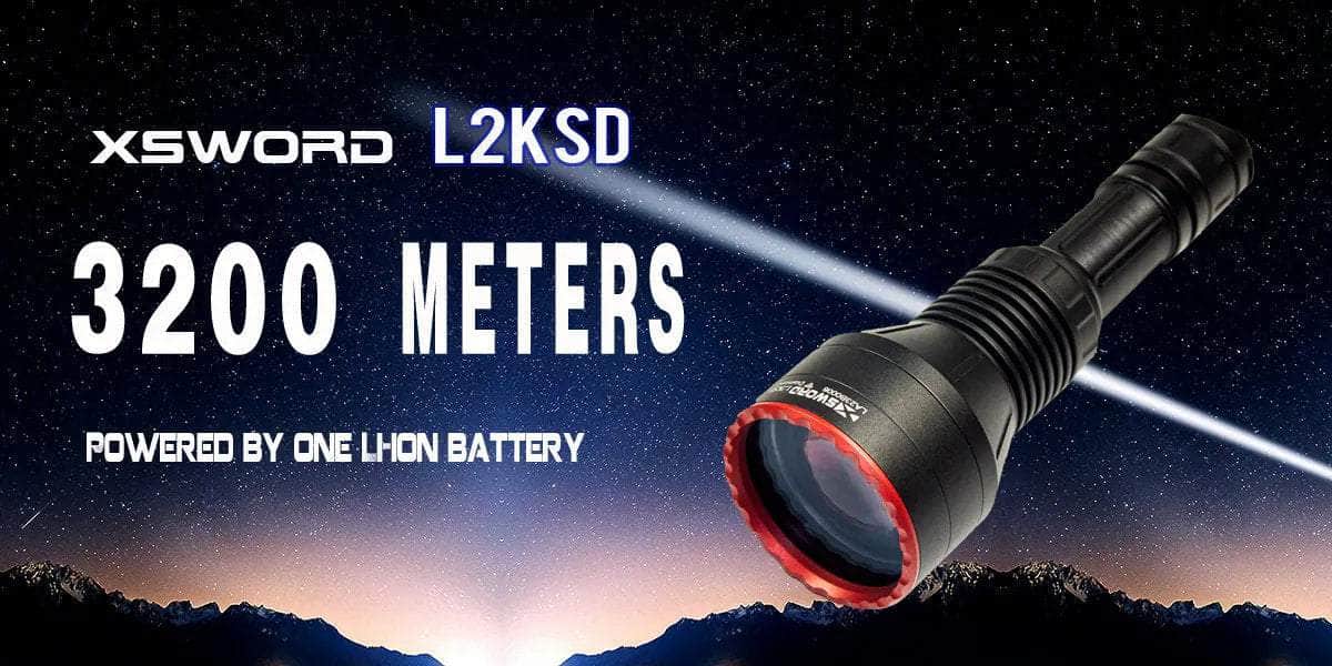 A black flashlight labeled "XSWORD L2KSD" with text stating a 3200-meter range, powered by one Li-ion battery, against a starry night sky background.