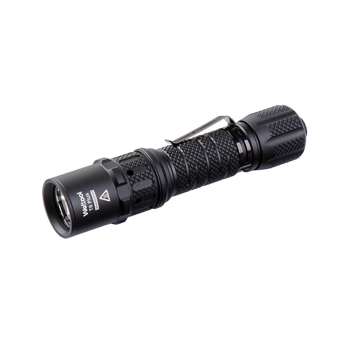 A compact black tactical flashlight with a textured grip, a metal pocket clip, and a labeled head displaying "WUBEN" and warning triangle symbols.