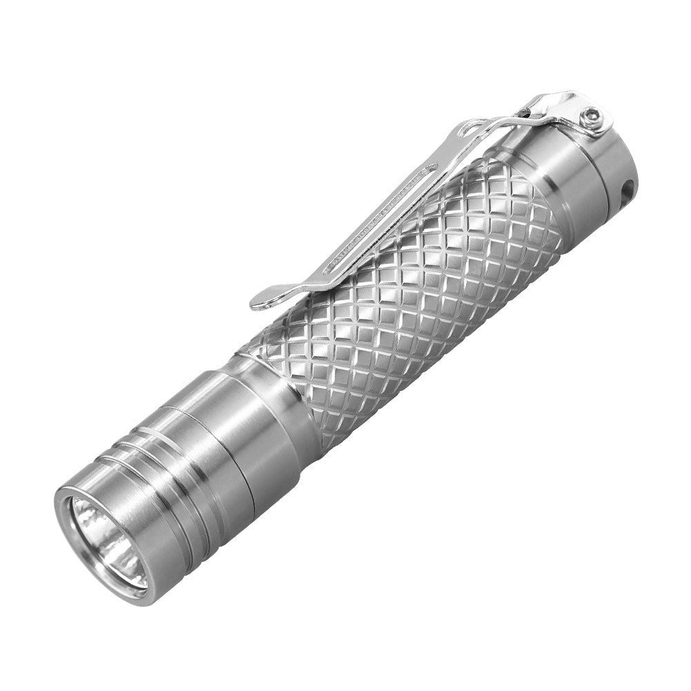 A silver, metal flashlight with a textured grip and a pocket clip, shown against a plain white background.