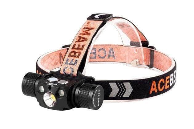 Black and orange ACEBEAM-branded headlamp with an adjustable strap and front-mounted LED light.