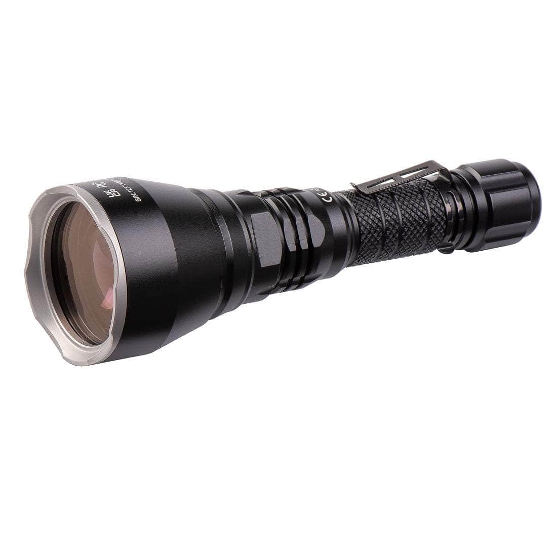 Black handheld flashlight with a textured grip, large lens at the front, and a metal clip on the side, shown on a white background.