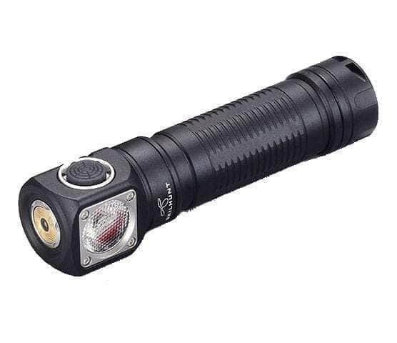 A black led flashlight on a white background.