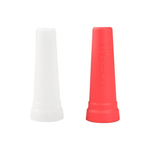 Two plastic traffic cone-shaped diffusers—one white, one red—stand upright side by side. The red Acebeam Traffic Wand - ASTW-01, a practical flashlight accessory, features "ACEBEAM" embossed vertically on its side.