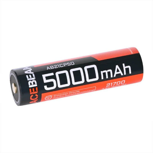 The Acebeam 21700 High Drain Rechargeable Battery is a cylindrical cell with a 5100mAh capacity and features distinctive black and red labeling.
