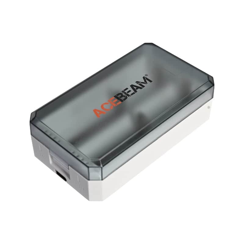 The Acebeam A2 Portable Battery Storage Box is a rectangular Li-ion organizer with a translucent dark gray lid, white base, and brand logo on top—ideal for carrying and storing your batteries securely.