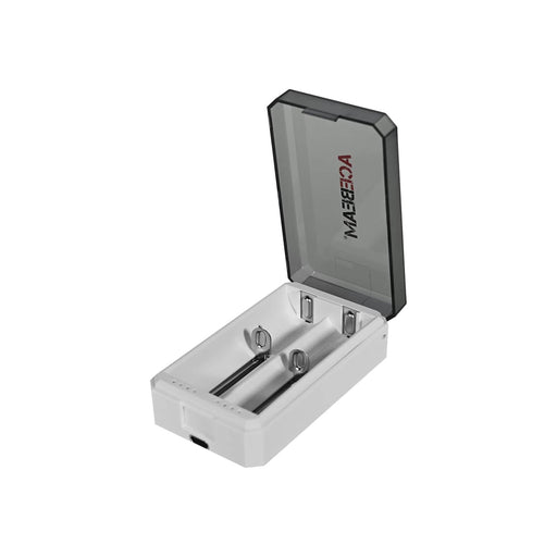 The Acebeam A2 Portable Battery Storage Box, featuring two battery slots and a transparent dark lid, offers convenient organization and charging as a compact white charger shown open on a white background.