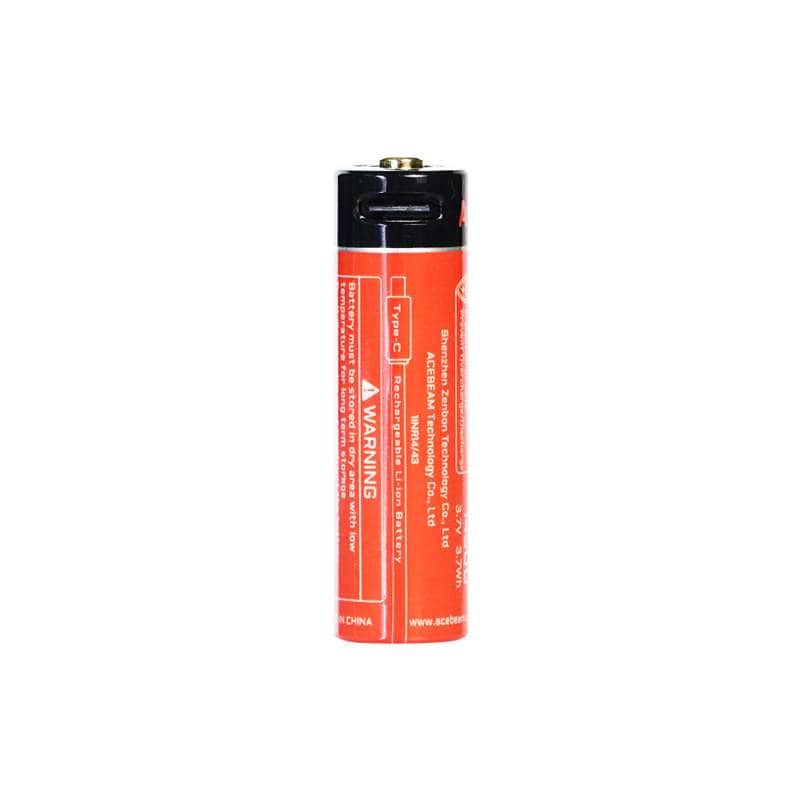 A single red Acebeam 14500 1000mAh Battery USB-C with a black top and warning labels stands upright on a white background.