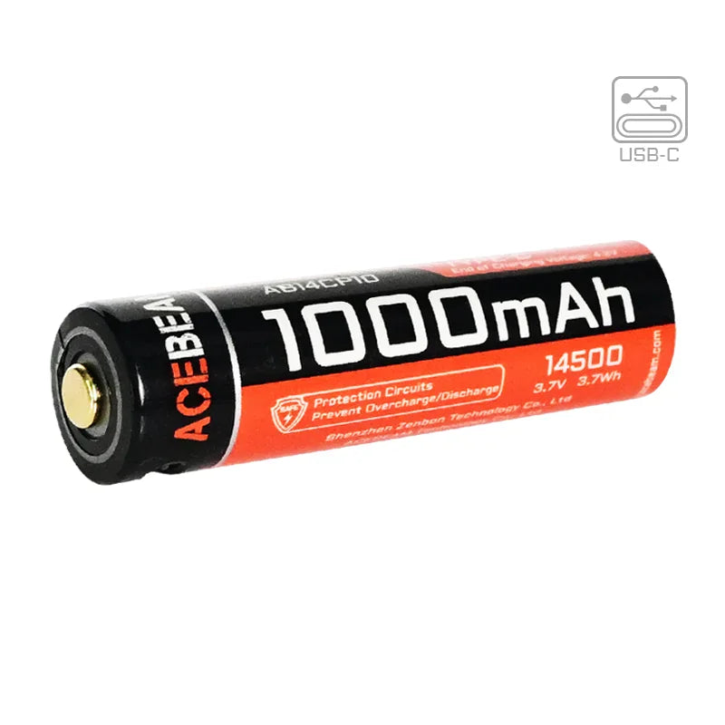 A cylindrical black and red Acebeam 14500 1000mAh Battery USB-C, resembling an AA rechargeable battery, labeled “1000mAh,” with a USB-C charging symbol displayed in the corner.