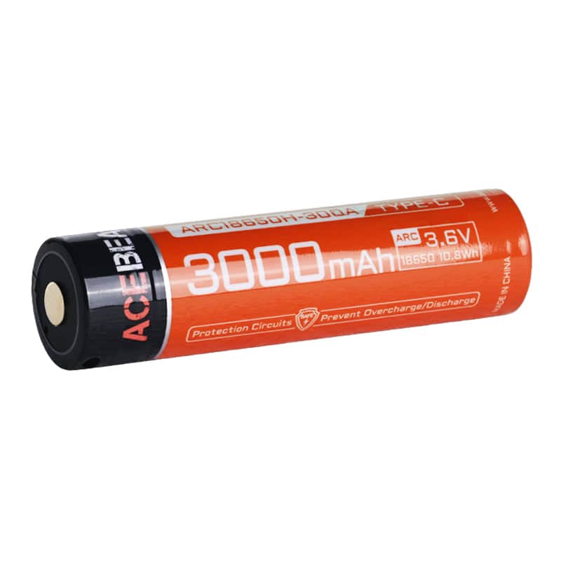 The Acebeam 18650 3000mAh Rechargeable Li-ion Battery (3.6V) features a red and black label with safety info, making it the perfect high-drain power source for your Acebeam flashlight.