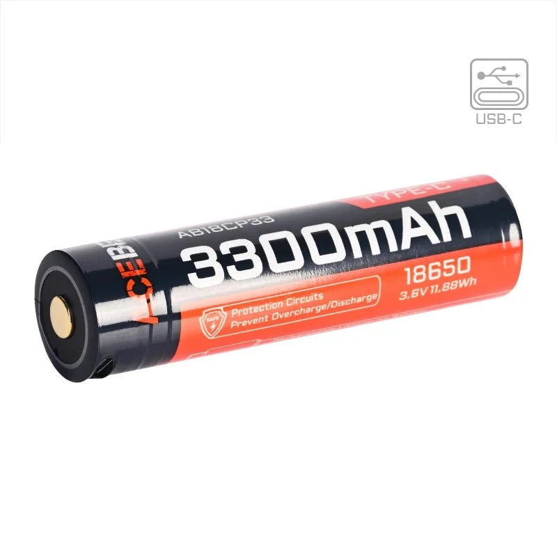 The Acebeam 18650 3300mAh Battery is a cylindrical lithium-ion cell (3.6V, 11.88Wh) with USB-C charging, protection circuits, and is ideal for high-drain devices needing a reliable USB-C rechargeable battery.