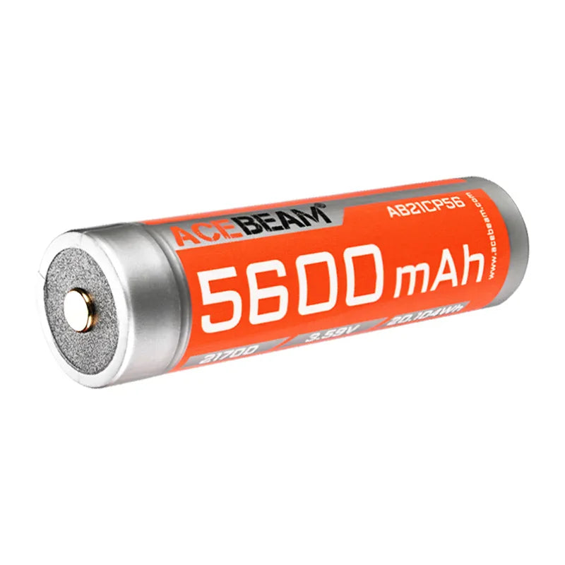 The Acebeam 21700 5600mAh High Capacity cylindrical battery features an orange label and 3.6V output, providing reliable, long-lasting power for your devices.