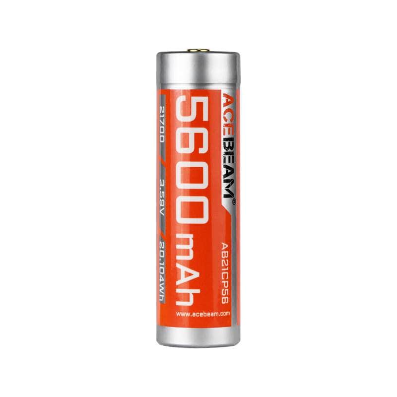 An Acebeam 21700 5600mAh High Capacity cylindrical flashlight battery, featuring an orange label and a voltage of 3.65V, is shown standing upright against a white background.