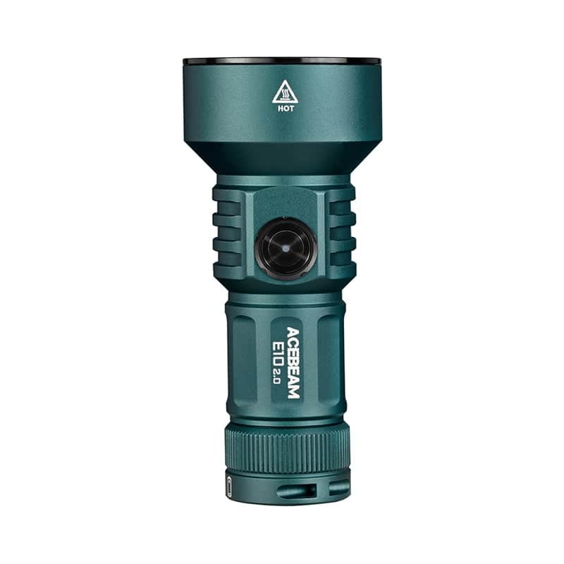 The Acebeam E10 2.0 Long-Range Compact EDC Flashlight, shown upright against a white background, features a metallic green finish and wide head, delivering impressive brightness in a compact everyday carry design.