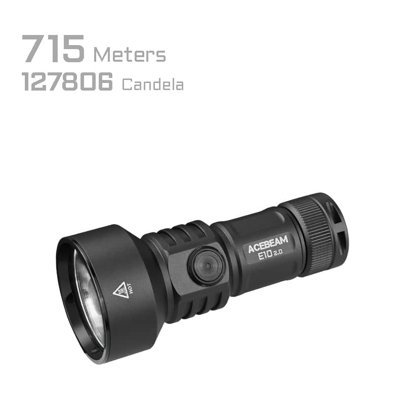 The Acebeam E10 2.0 Long-Range Compact EDC Flashlight delivers 1200 lumens, a beam distance of 715 meters, and 127,806 candela for outstanding long-range performance in a portable design.