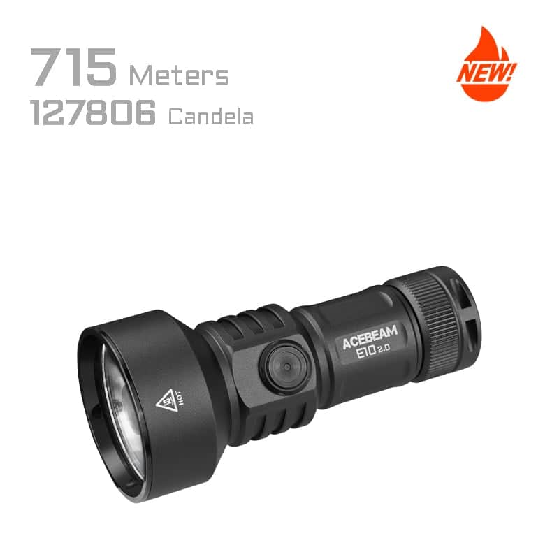 The Acebeam E10 2.0 Long-Range Compact EDC Flashlight in black is shown with text: 715 meters, 127,806 candela, and a "NEW!" label in the top right corner.