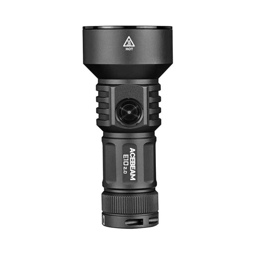 A black Acebeam E10 2.0 Long-Range Compact EDC Flashlight stands upright, displaying its cylindrical body and branding—ideal as a high-performance everyday carry flashlight.