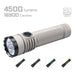 The Acebeam E75 flashlight, known for its high performance featuring 4500 lumens, 16900 Candela, and USB-C connectivity, is displayed in silver with four smaller images showcasing its LED color options.